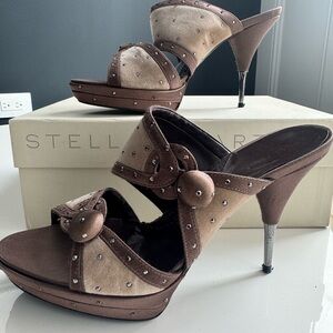 Stella McCartney Brown and Beige Studded Suede Mule Heels with Button Detail